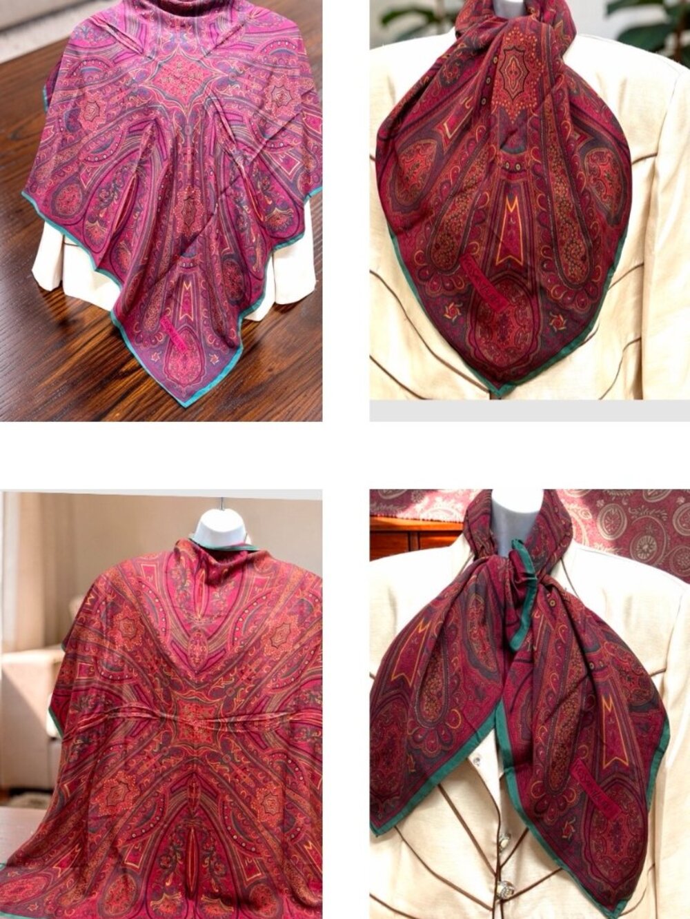 Vgt. Yves Saint Laurent Silk Scarf Satin 36" Burgendy Red Green Paisley(20